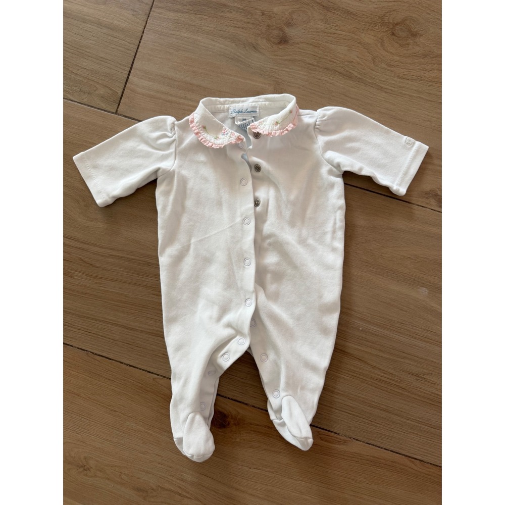Ralph Lauren Baby Girls White Floral Embroidered Peter Pan Collar Coverall 3M